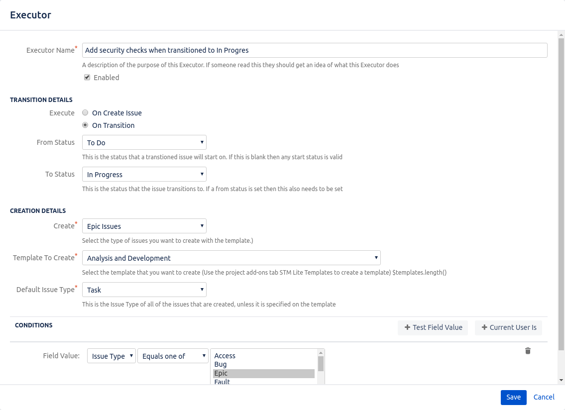 Executor definition screen