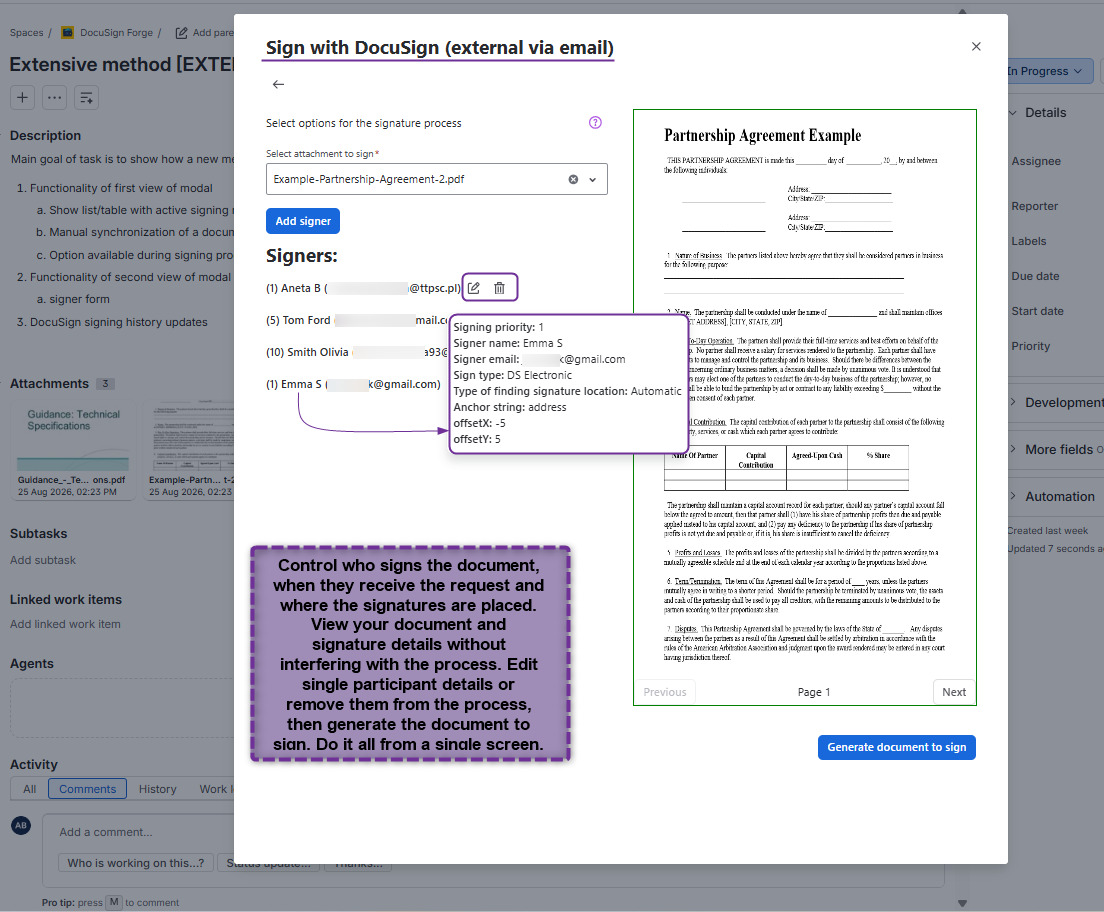 Select a PDF document, add one or more signers, define signing priorities, and choose how signatures will be placed before generating the signing request.