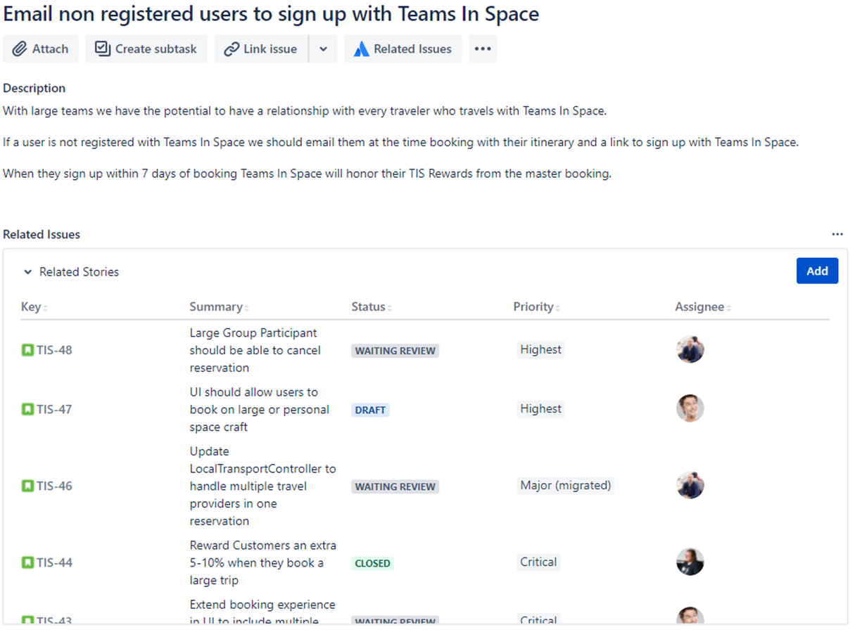 Display a table of related issues in the standard Jira issue view. Configure table to display any field as a column, including totals and averages for numeric columns.