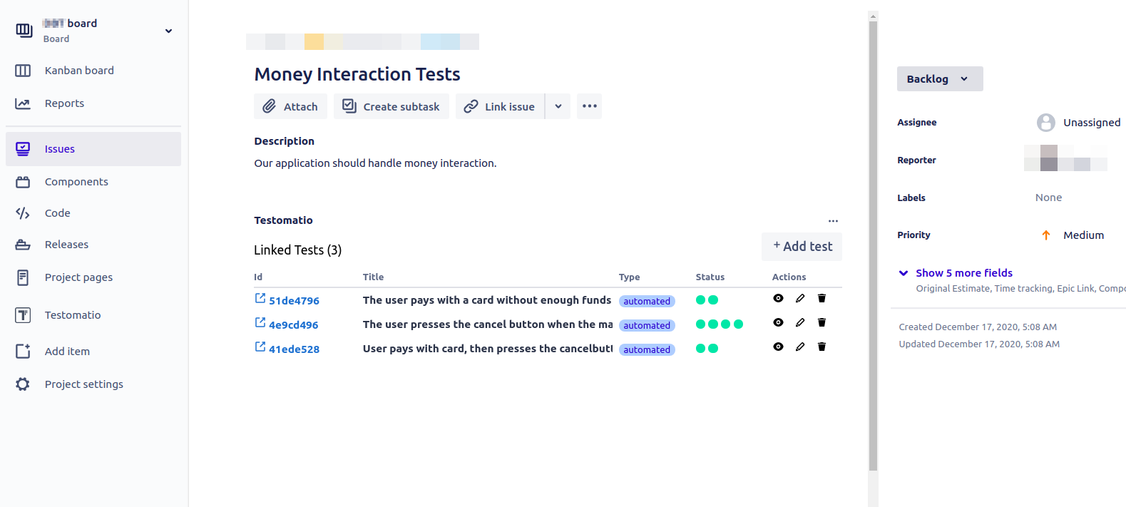 List tests linked to issue