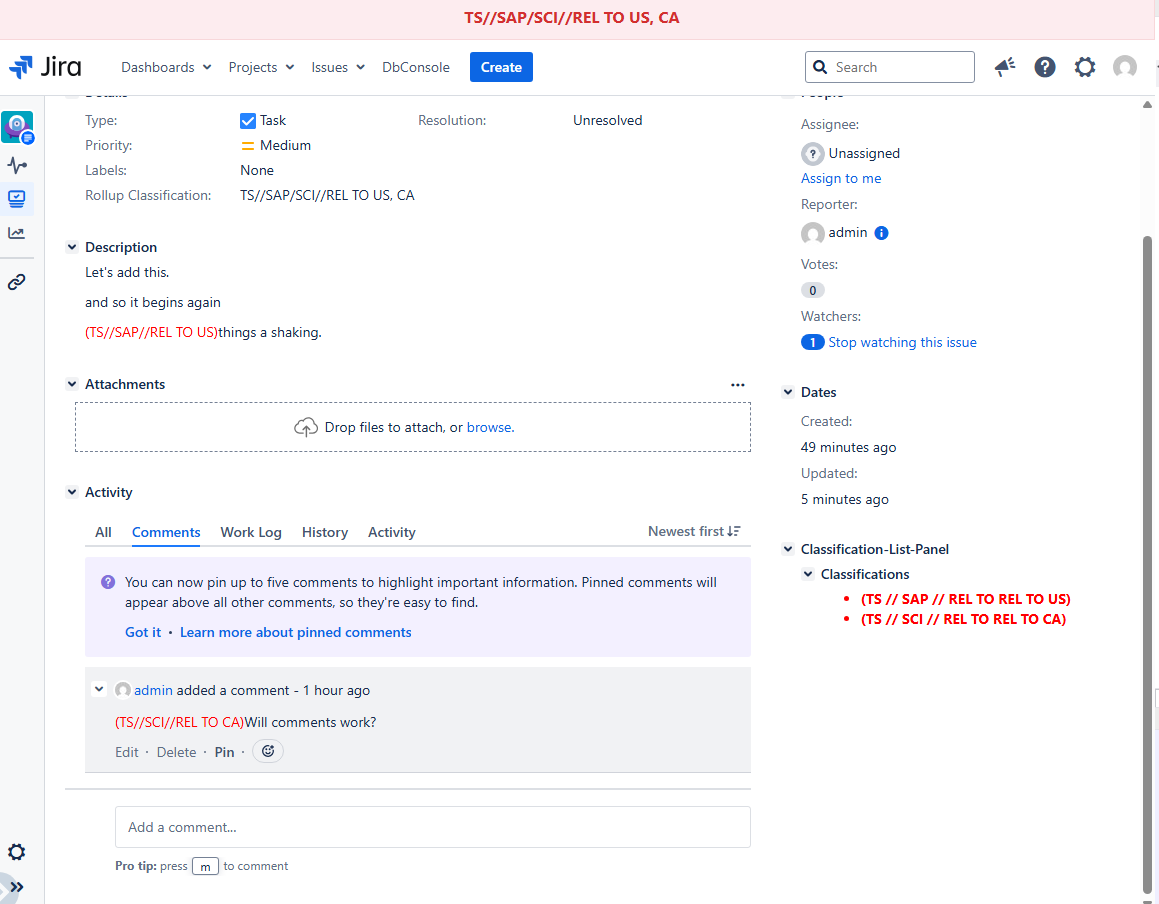 Issue view showing banner, description, comments and Classification-list panel - see issue-level classification, compartments/releases, and access context for triage