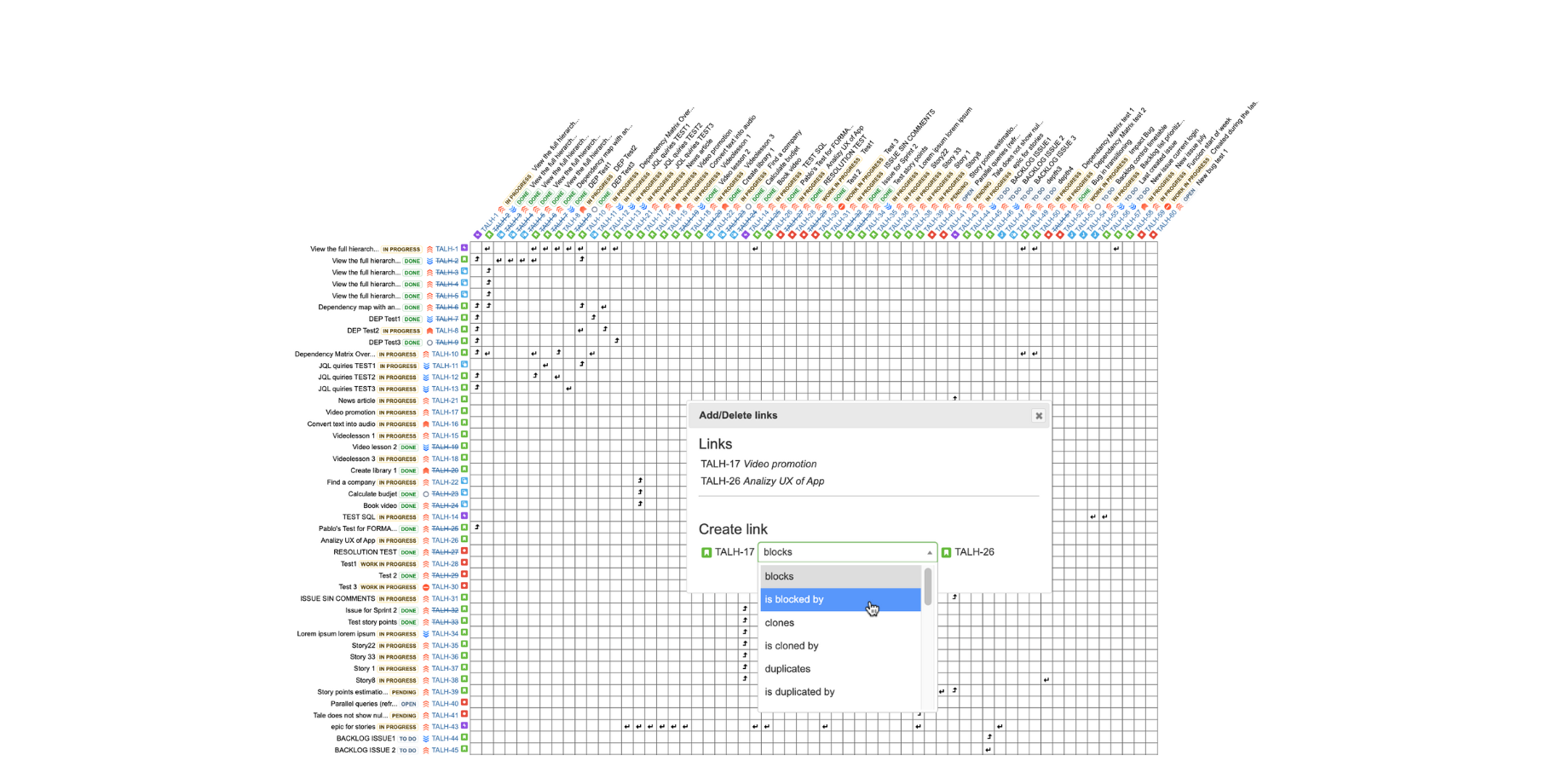 View on a Matrix how issues of two JQL queries are related. Edit relations quickly on the matrix itself (create, view & delete), and export to Excel!

Improve the QA by tracing requirements vs test cases!