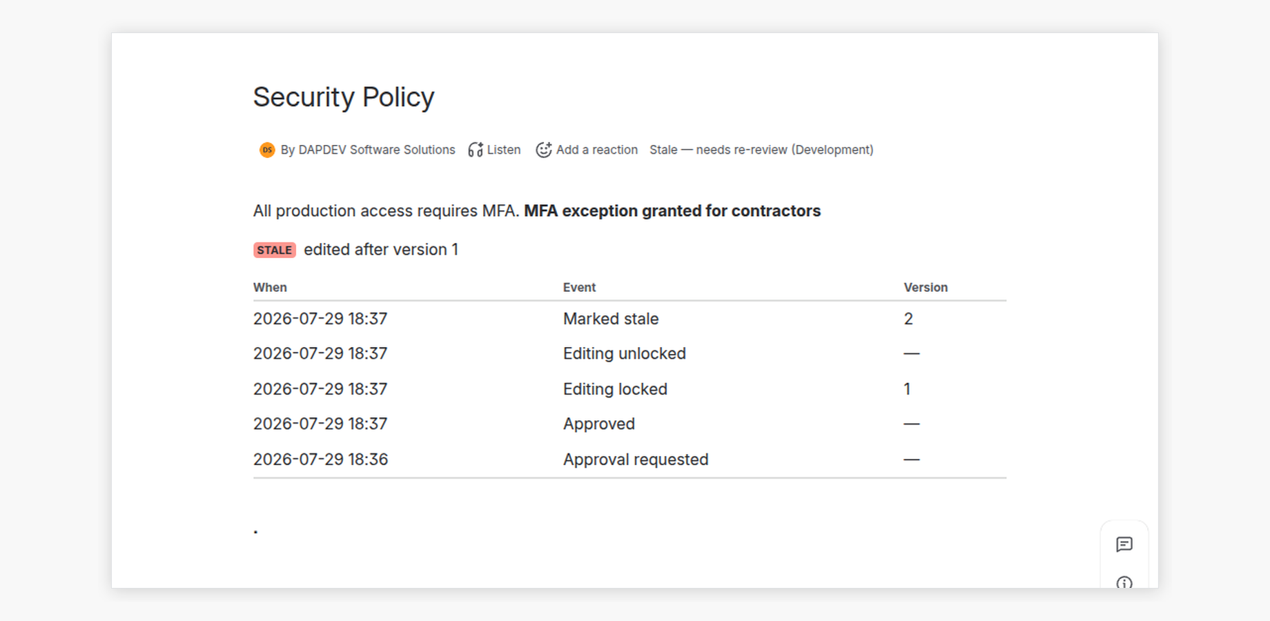 The byline reads Stale — needs re-review, with the append-only audit trail rendered directly in the page body.