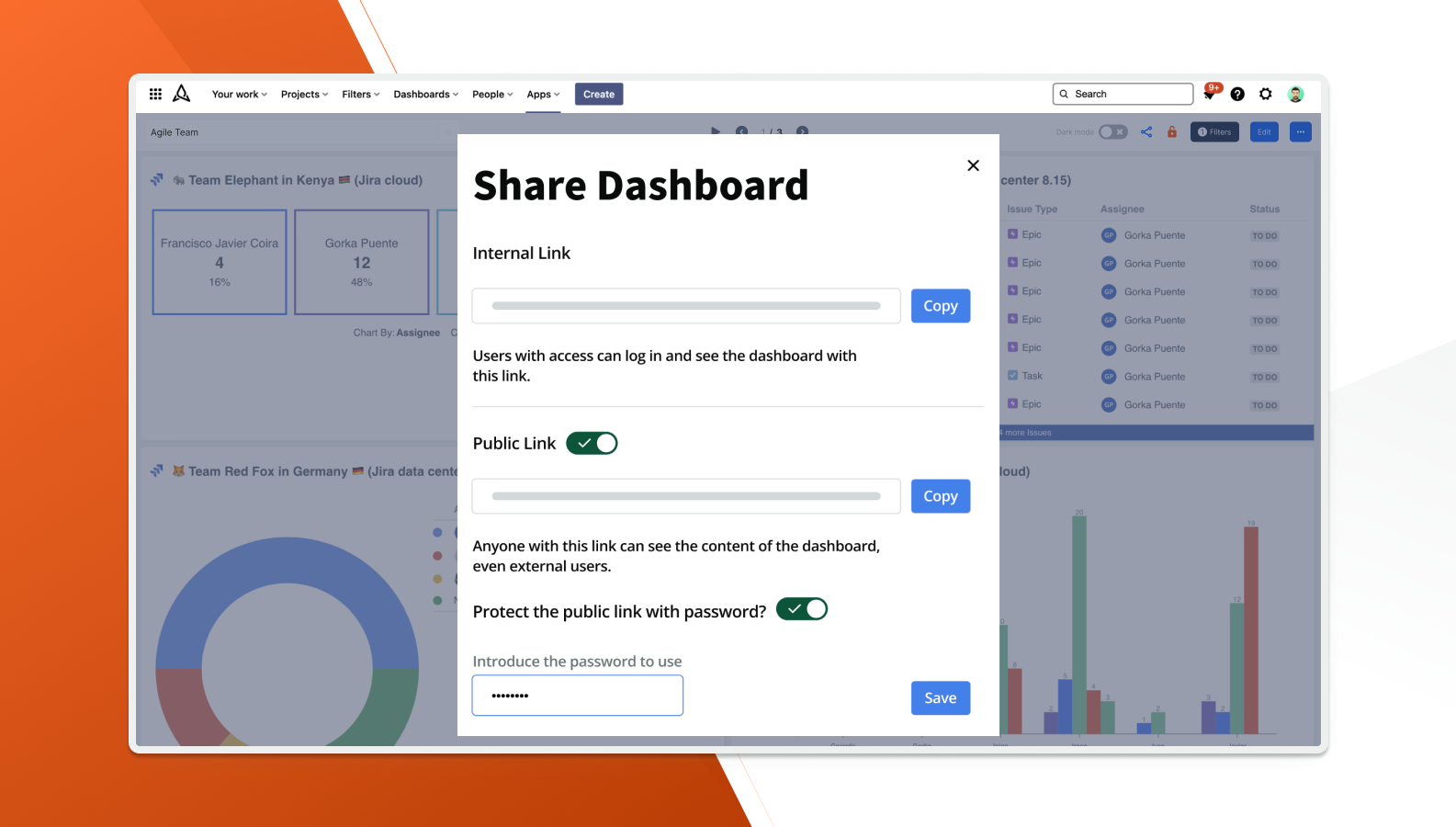 Share dashboards outside your Bitbucket instance instantly, and report to external stakeholders easily.