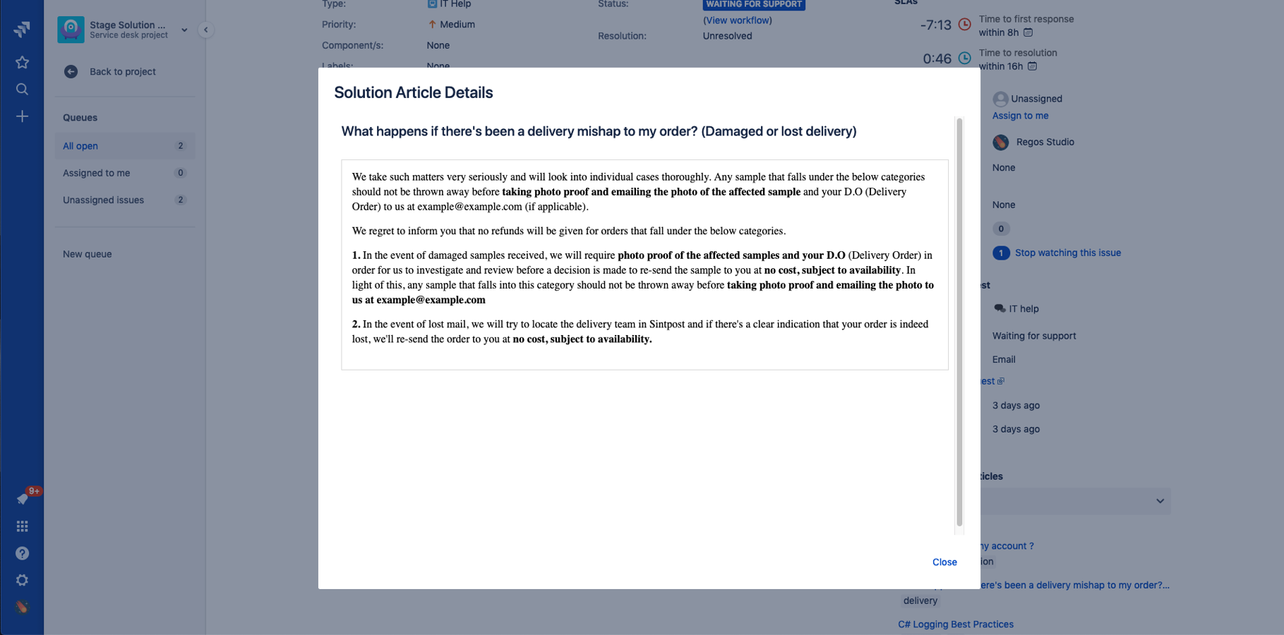 Modal to display solution article details