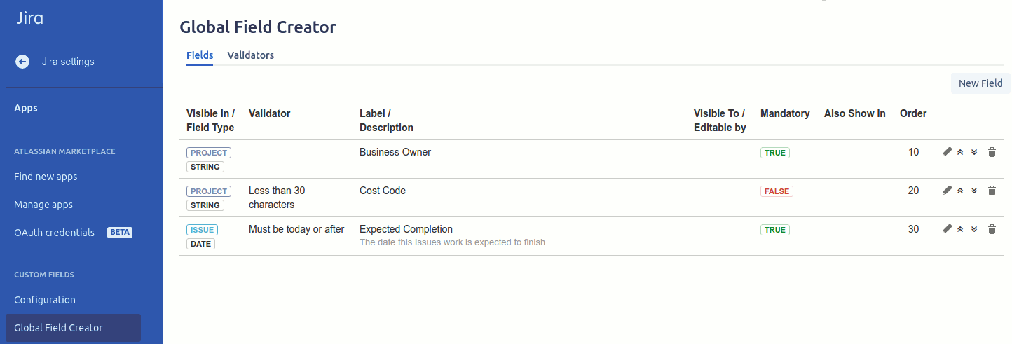 Custom fields defined at the global/Project level