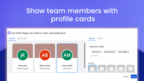 Show team members with profile cards. Add up to 30 users, enter each person's role or details, and choose from five card styles, sizes and colors to match your page.