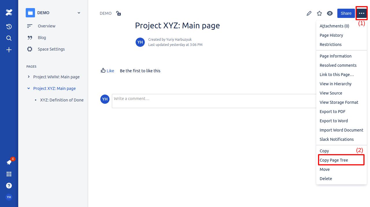 Page Tree Copy integration - ​Adds Copy Page Tree menu item to the Confluence page's menu.