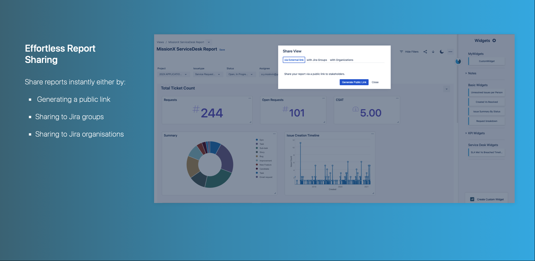 Provide transparency to your stakeholders with SLA info and allow them to export reports as PDF at the click of a button. Generate public links or even share reports to Jira User Groups or Jira Organisations in no time!