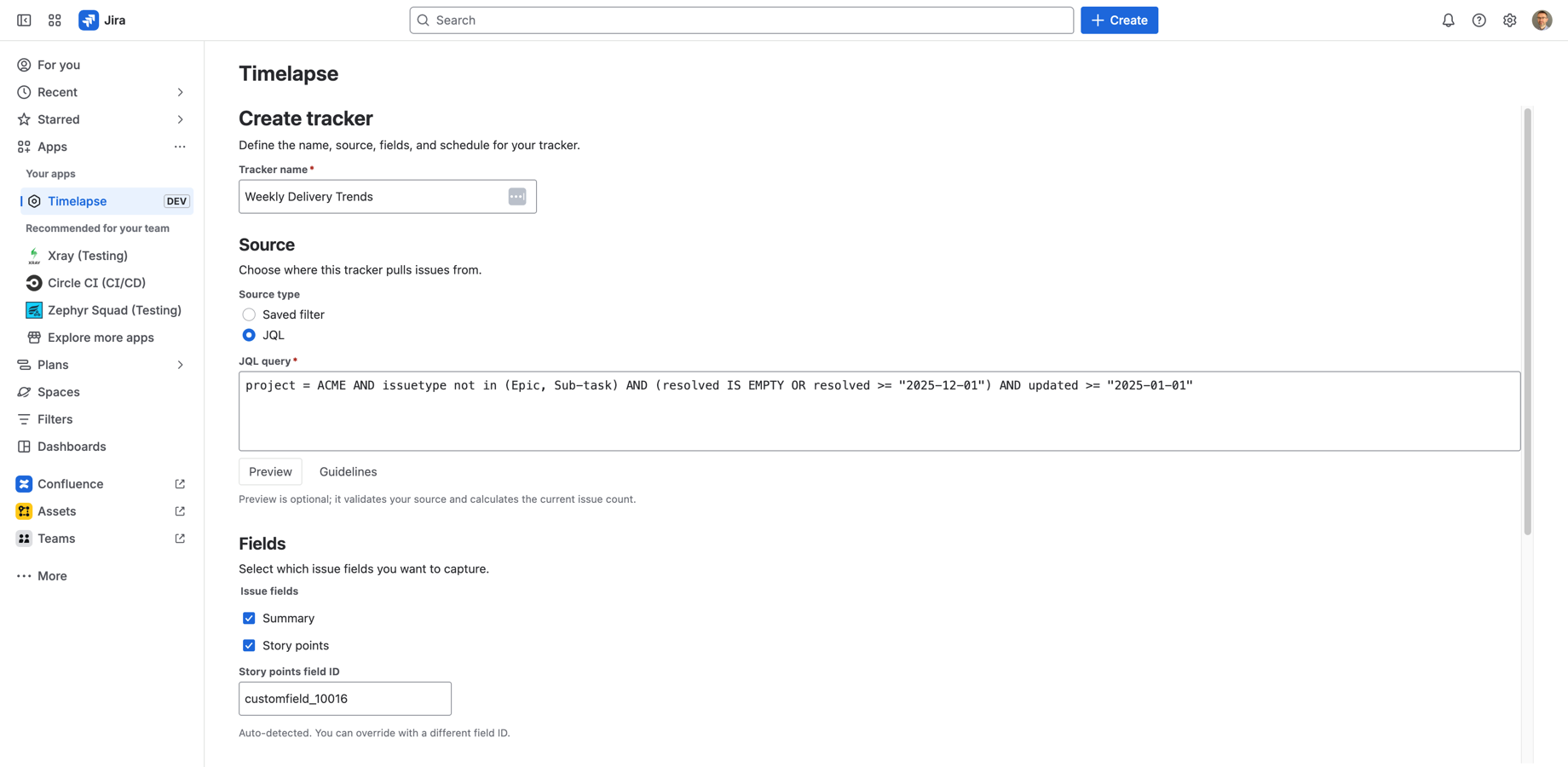 Create tracker flow showing saved filter selection and a weekly schedule