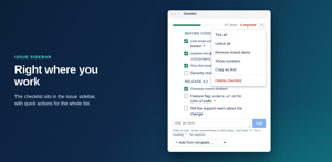 The checklist in the issue sidebar, with the actions menu: tick all, untick all, remove ticked items, show numbers, copy as text, delete checklist.