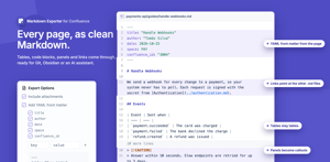 Every page as clean Markdown: the export options and the file they produce, with YAML front matter