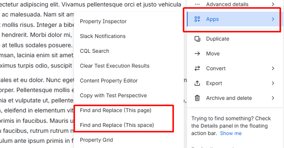 Access the search and replace dialog from the page actions menu for fast and seamless editing.