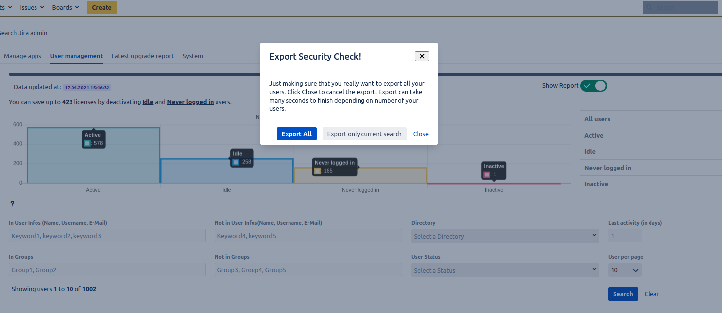 Export current search result or all data