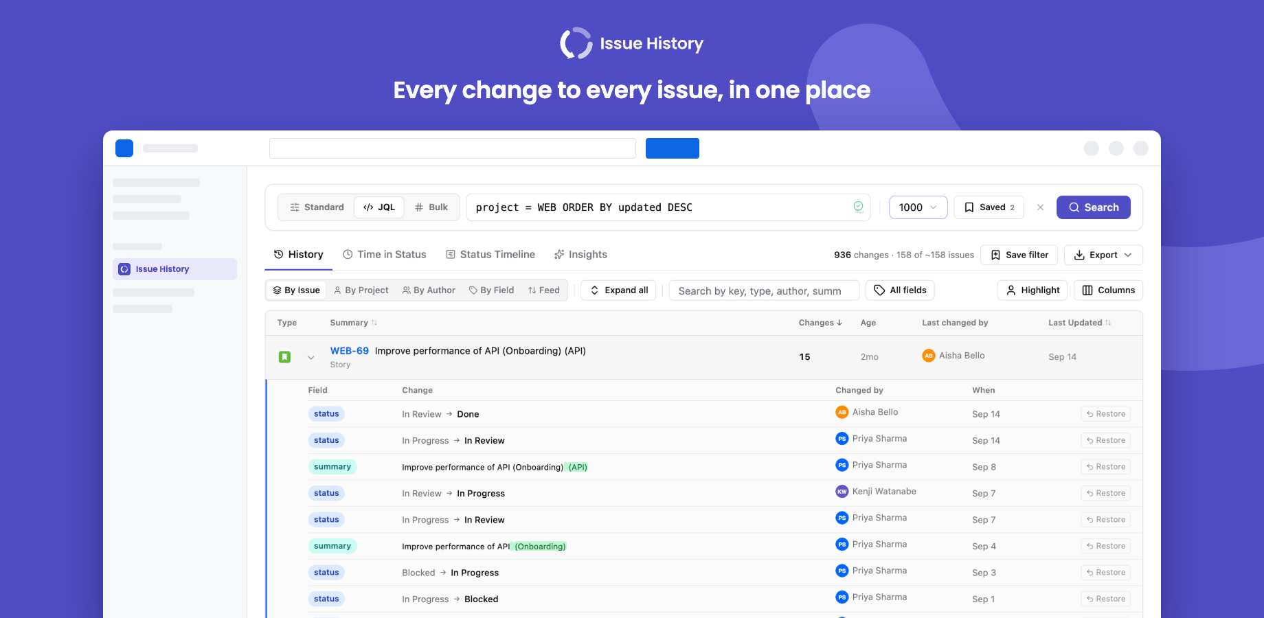 Search results with an issue's full change history expanded