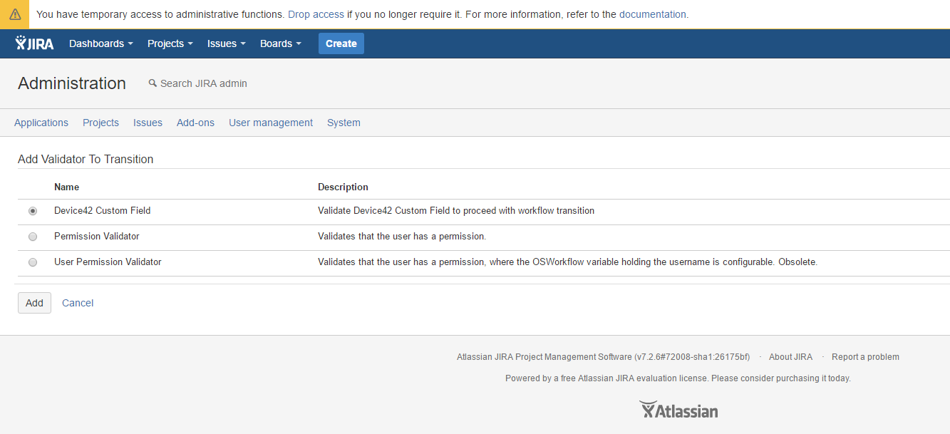 Create Conditions that must be met before a workflow can transition to its next step, and combine with a validator function to control the contents of a Device42 Custom Field for the ultimate in custom workflows!