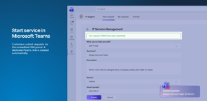 Start service in Microsoft Teams. Customers submit requests via the Jira Service Management portal, triggering a Teams chat for each ticket and enabling faster internal ticketing and incident management.