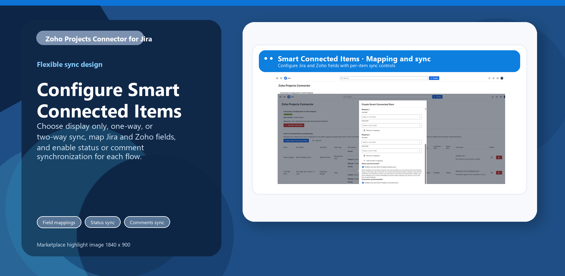 Smart Connected Item setup modal with Jira-to-Zoho field mappings and toggles for status and comment sync.