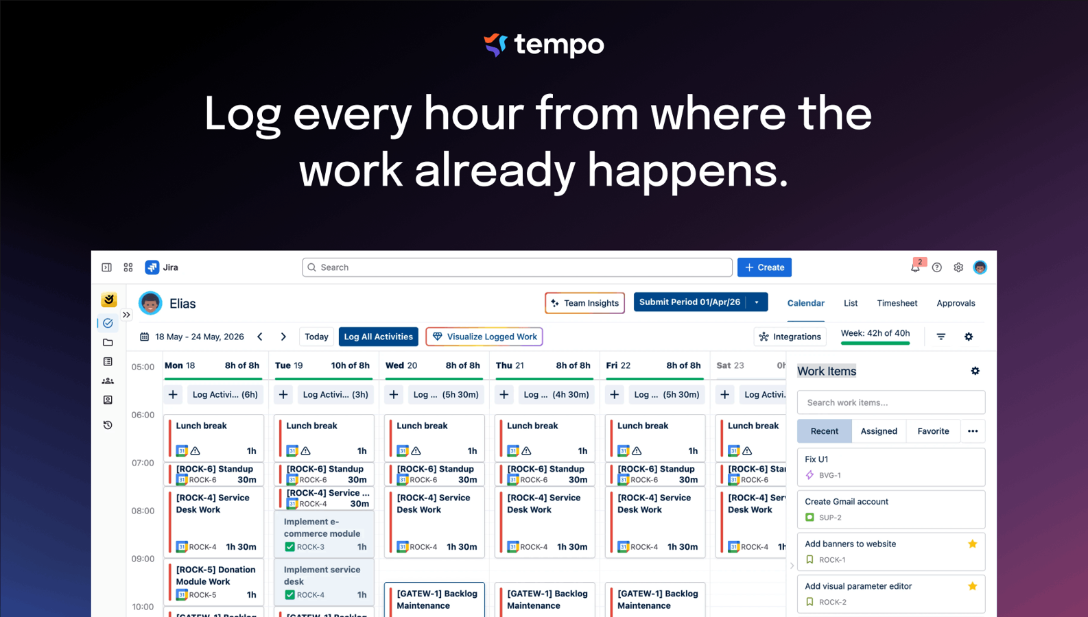 See the whole week in one view. Meetings, standups, and Jira work items appear as time-blocked suggestions from your team's actual activity. Click to log, or drag to adjust.
