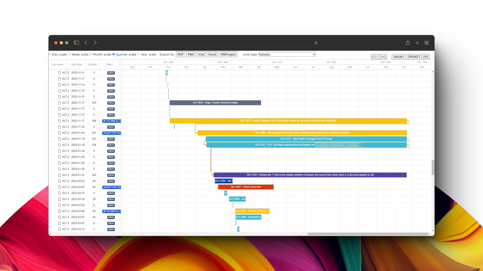 Colors based on Epic colors. Plug 'n' Play. Gantt Exportable to PDF, PNG, iCal, Excel