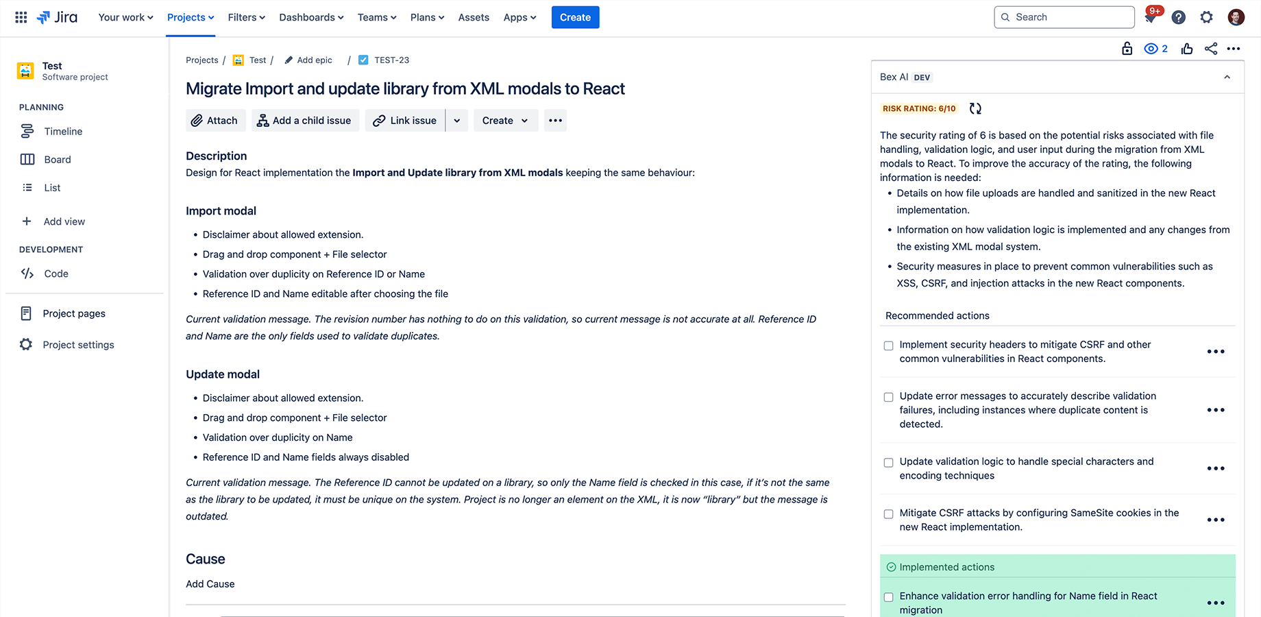 Bex is showing real-time risk ratings on what you are working on. Including context as to the reasons why, and what mitigations are recommended to improve the security.