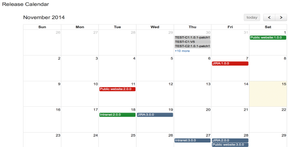 Cross project release calendar. Late releases are highlighted as red.