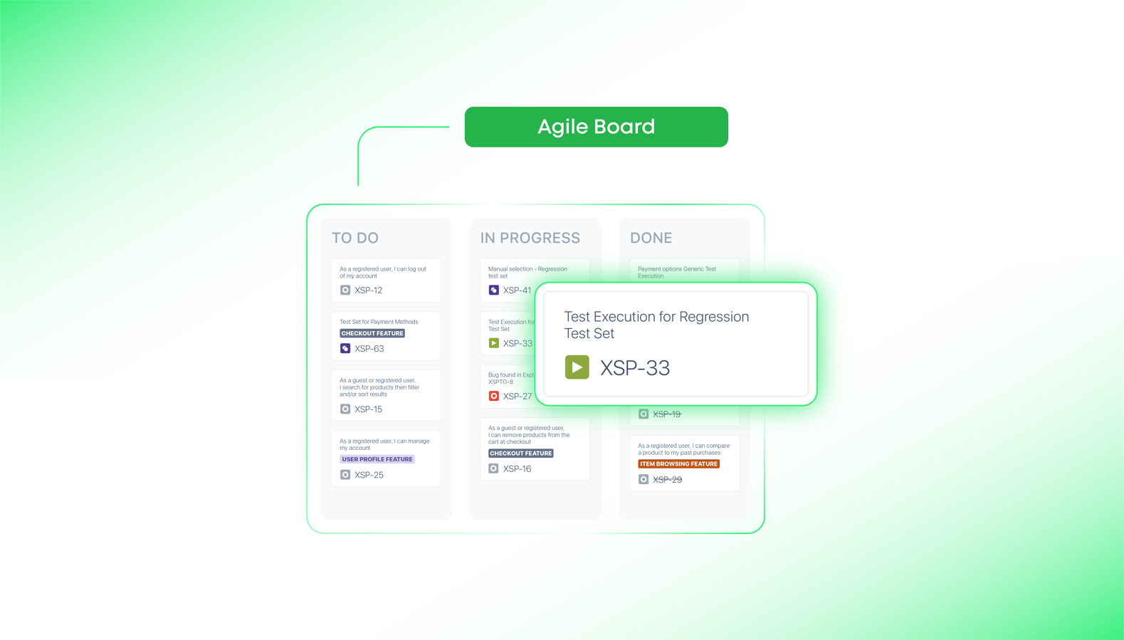 Xray uses Jira native issue types so your development and testing teams can work in sync and see the progress of testing on the Agile Boards.