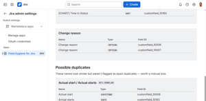Near-duplicates like "Actual start" vs "Actual starts" caught at 92% similarity, not just exact matches.