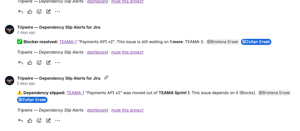 Tripwire reads sprint start dates to tell a real punt from routine board moves, then notifies the dependent team.