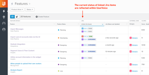 The current status of linked Jira items are reflected within UserVoice