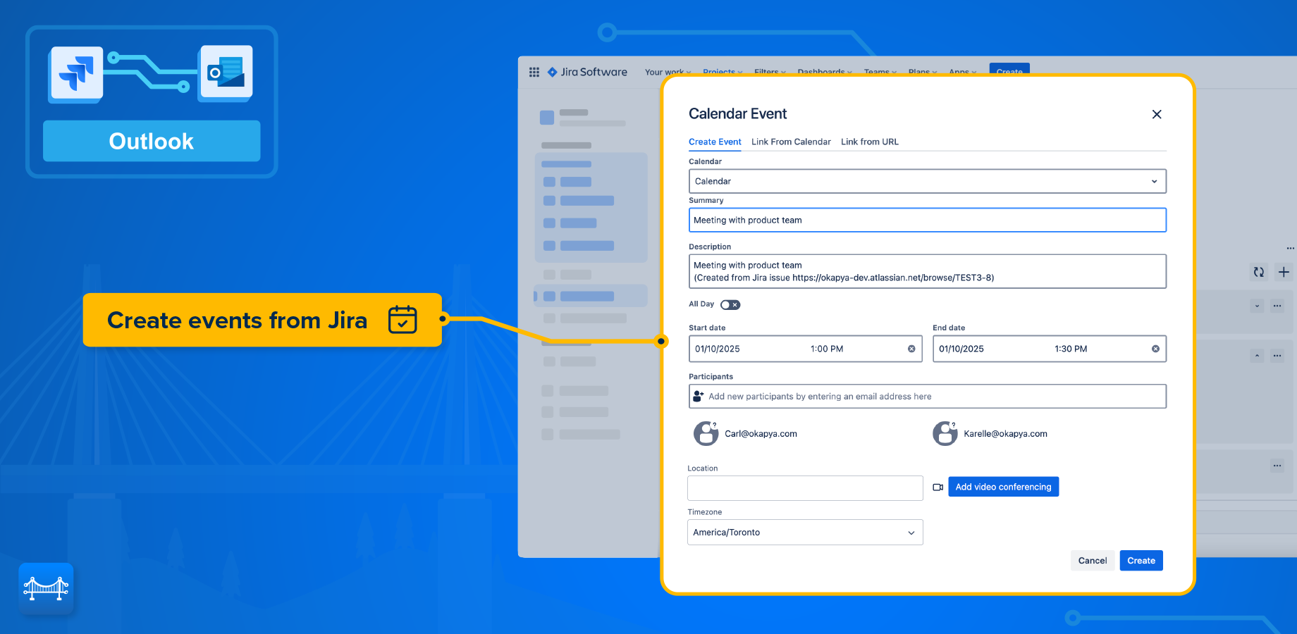 Create Outlook events from Jira issues or tickets.