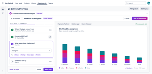 Step 3 of the chart builder. Choose the field for the axis, with suggestions like Status, Priority and Issue Type, while the preview on the right redraws before you add it to the dashboard.