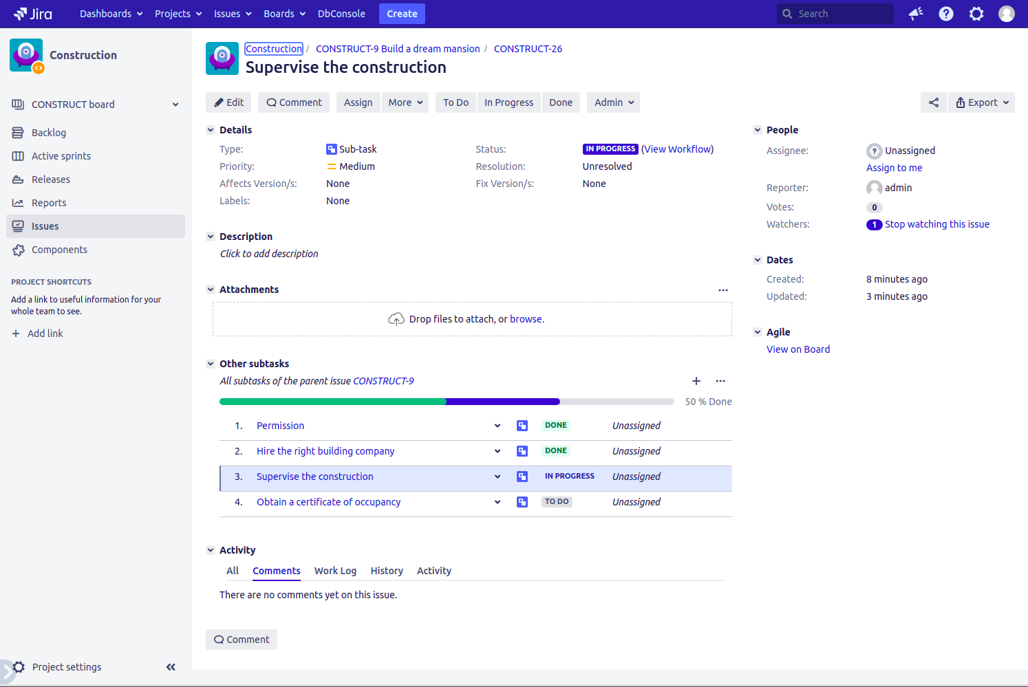 The panel Other subtasks displays all four subtasks of the common parent issue CONSTRUCT-9.