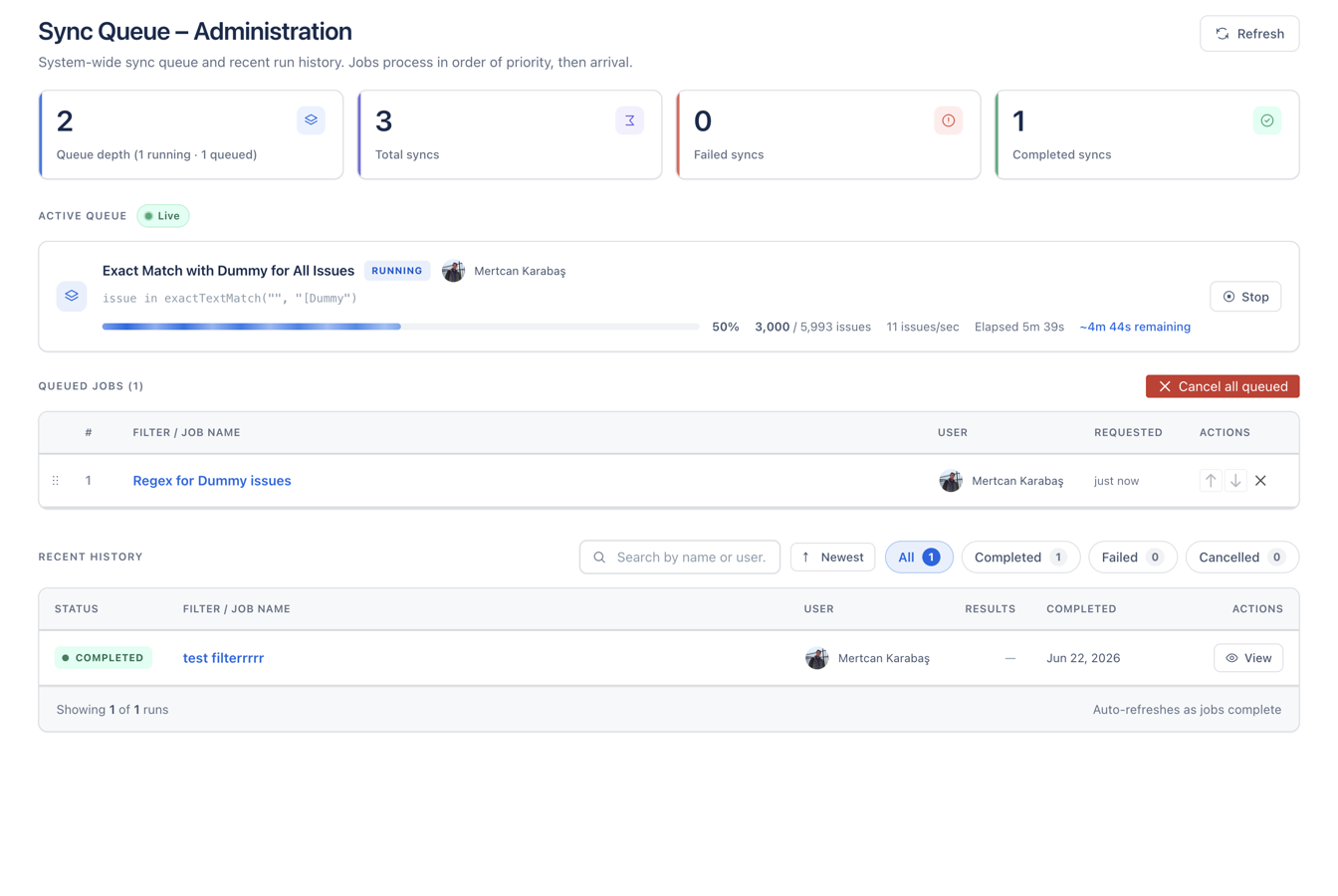 Background queue page: track long-running jobs on a live progress bar, view skipped issues, and retry or cancel, all built to scale on Atlassian Forge.