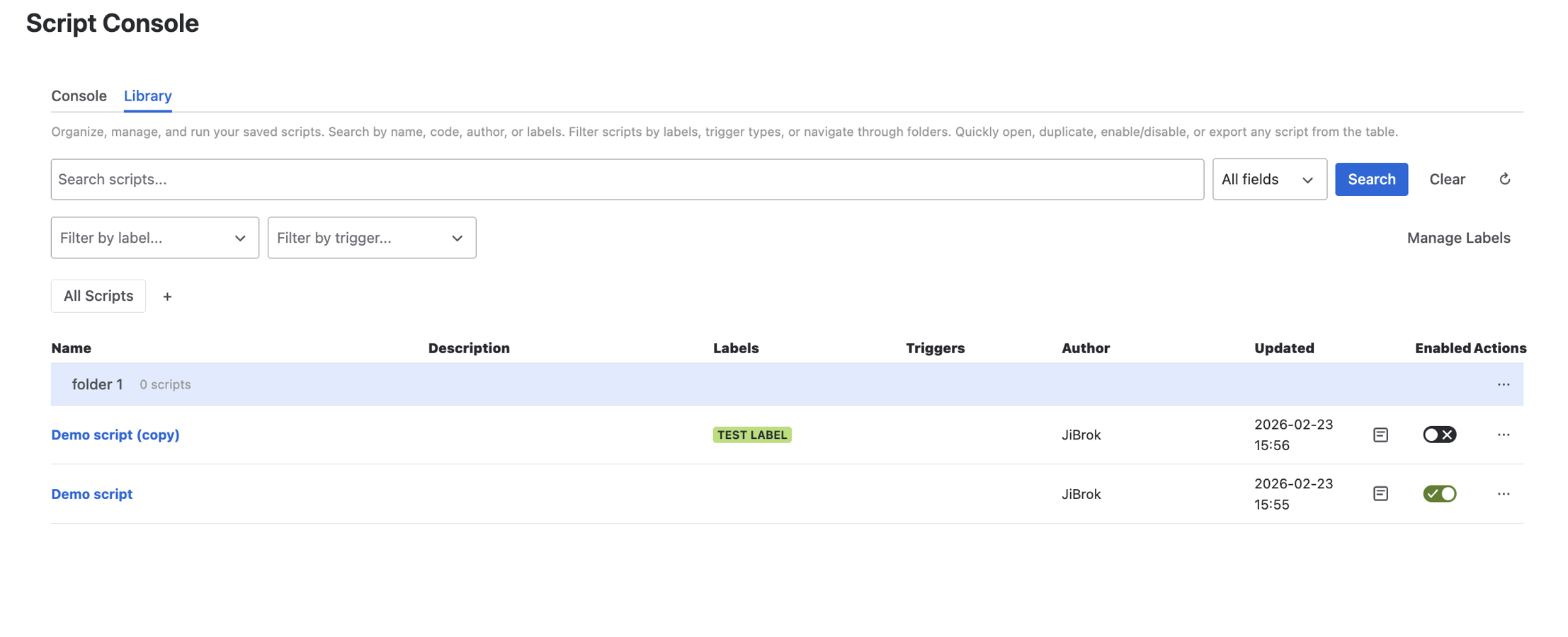 Script Library with folders, labels, search and filters, author tracking, and quick toggles to enable or disable saved scripts