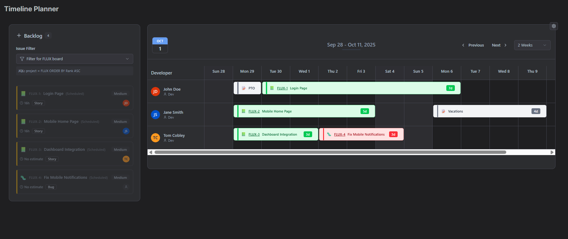 Timeline view showing developer schedules with drag-and-drop ticket planning across a 2-week calendar
