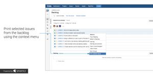 In the project backlog view, you can print selected issues from the context menu. Selecting the entire backlog is possible, too.