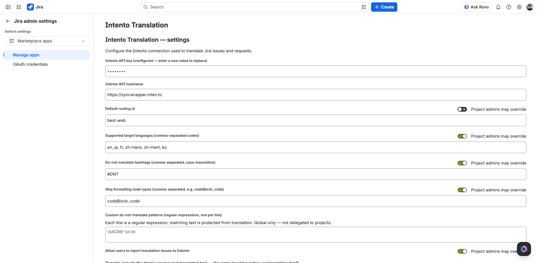 Site-wide configuration: the Intento connection, the languages people may translate into, do-not-translate rules, and a switch on each setting for whether team-managed project admins may override it.