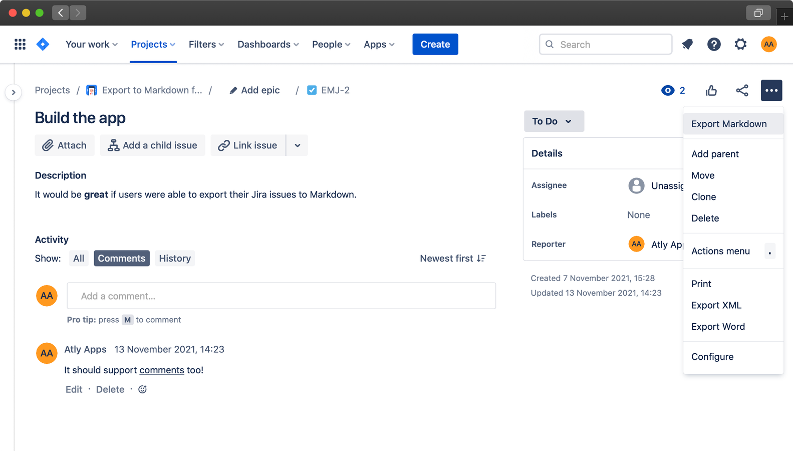 Highlighted "Export Markdown" item in the Actions menu of a Jira issue.