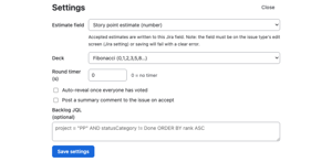 Project admins choose the deck, the Jira field estimates are written to, an optional round timer and the backlog query. FastPoker checks the field is writable before anyone votes.