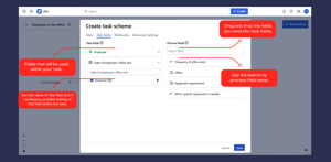 Creating a task scheme within the process editing mode. Task fields tab when creating a task scheme. Ability to set fields for a task.