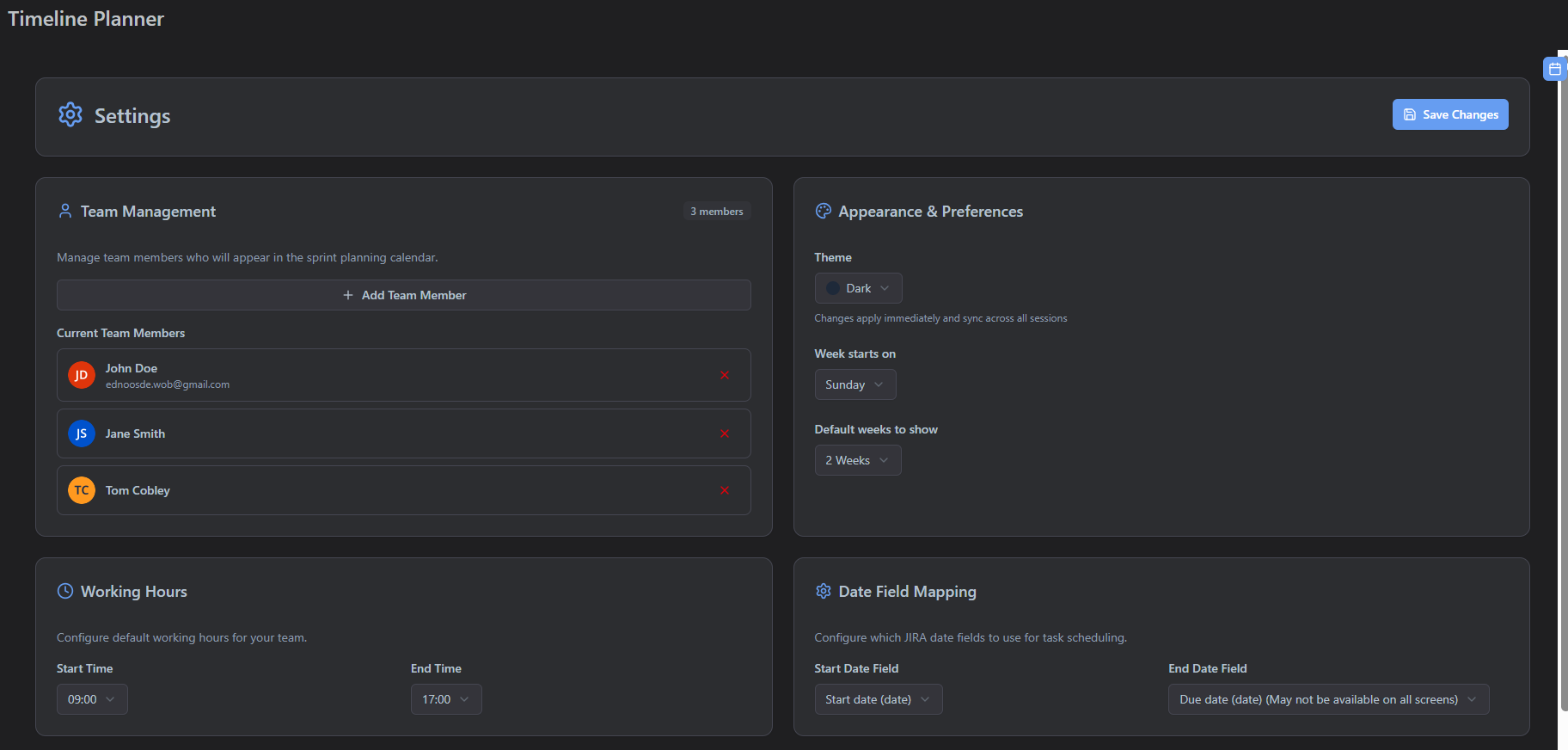 Settings panel for team management, appearance preferences, working hours, and Jira date field mapping