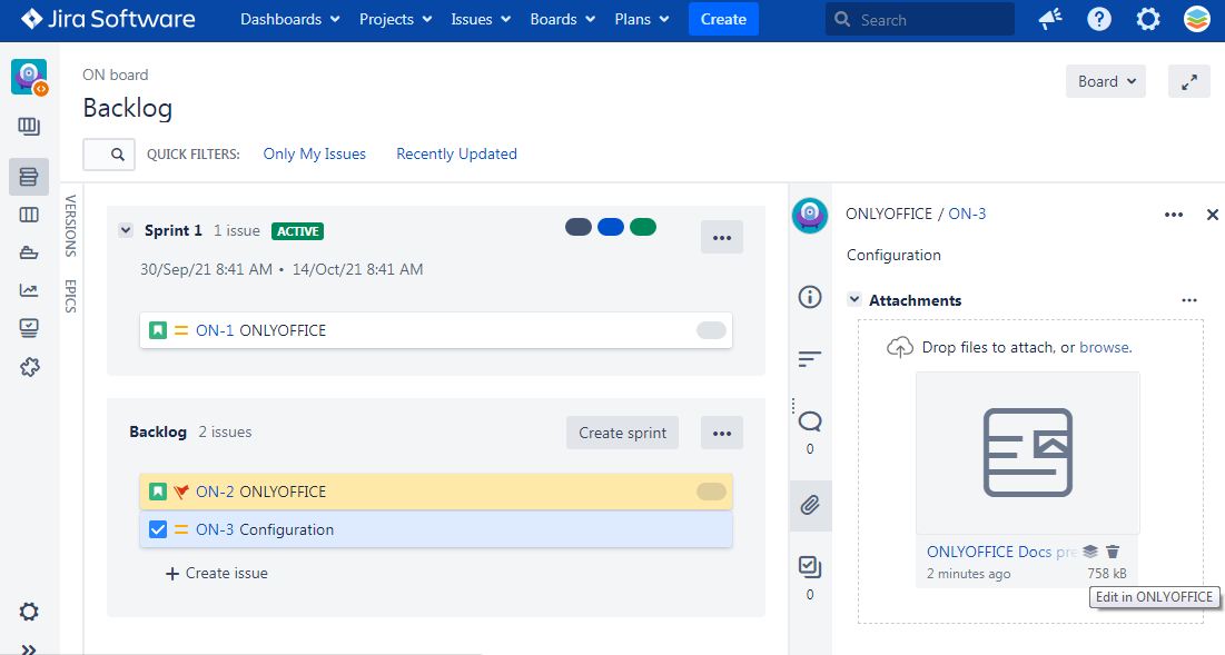 In this screenshot, you can see how Jira interface with the Edit in ONLYOFFICE option looks like.