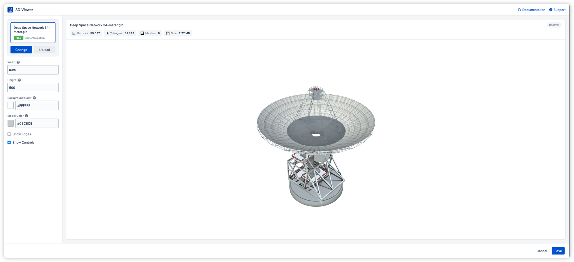 Configuration panel with real-time 3D preview. Adjust dimensions, colors, and edge display while viewing model statistics instantly.