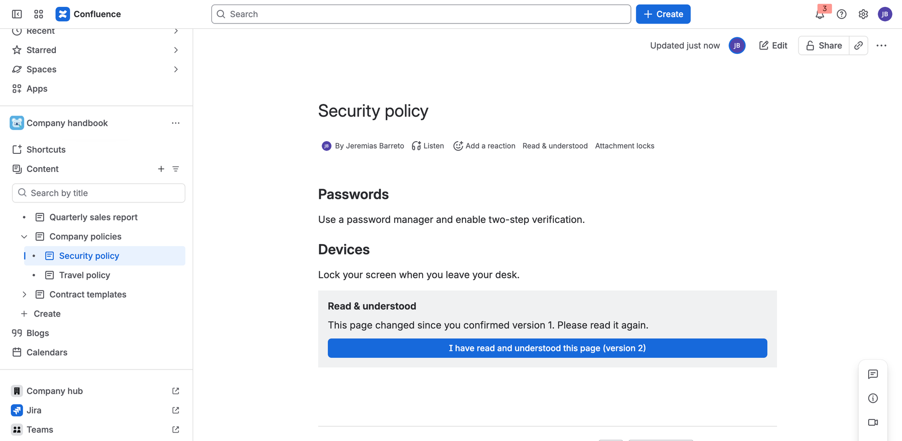 The signature box macro in a policy page asks the reader to confirm again after the page changed.