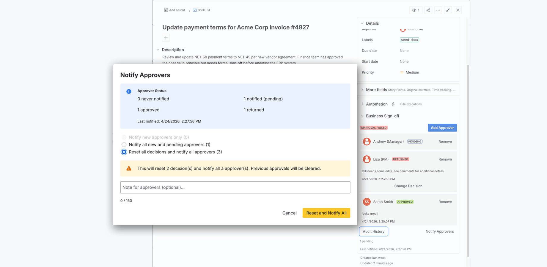 Re-review support keeps approval decisions aligned with the latest issue state, not an outdated version of the work.