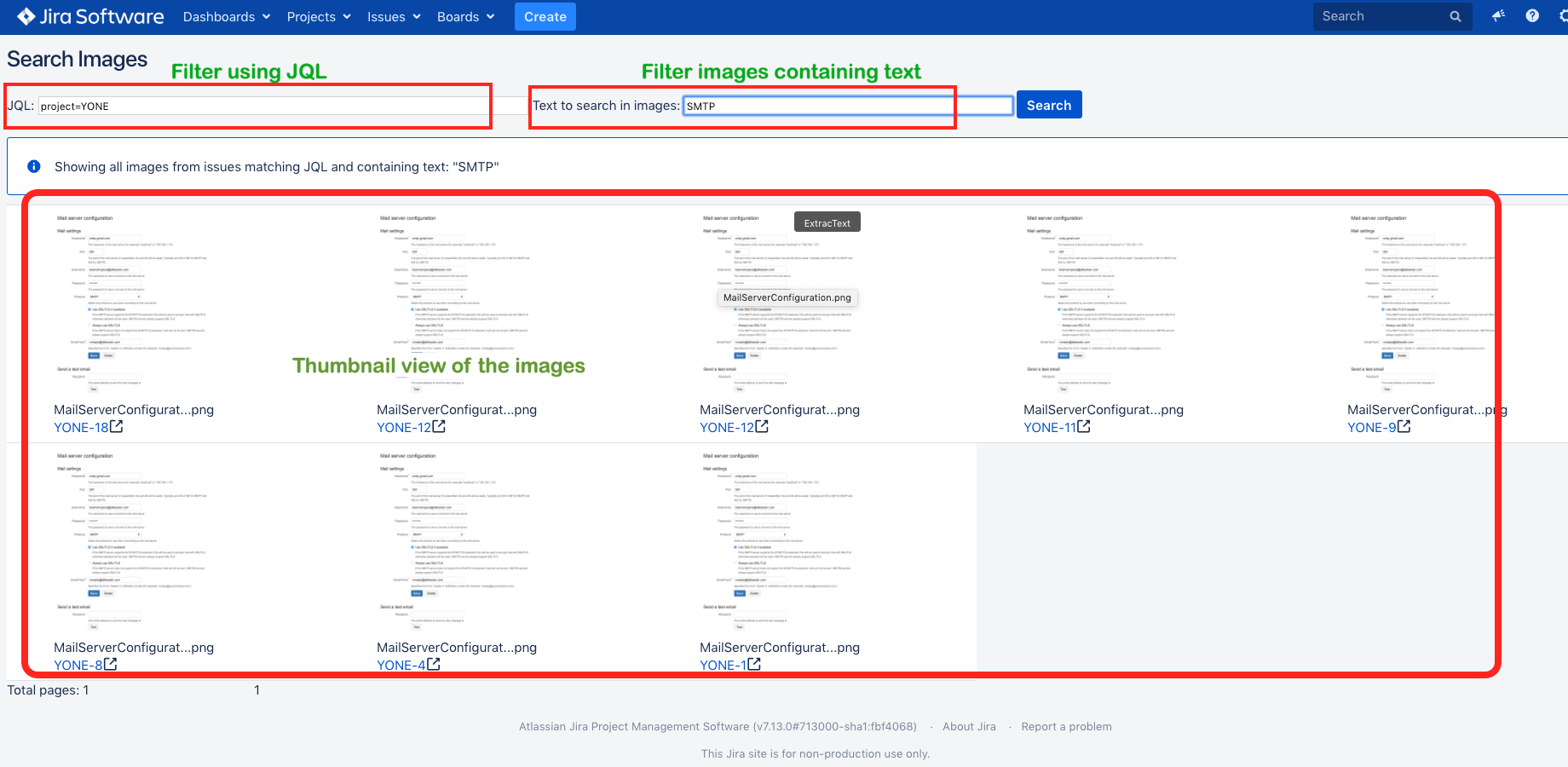 Use any JQL to filter your results and in addition search for text that you would expect to see in the screenshots or just use attachment names