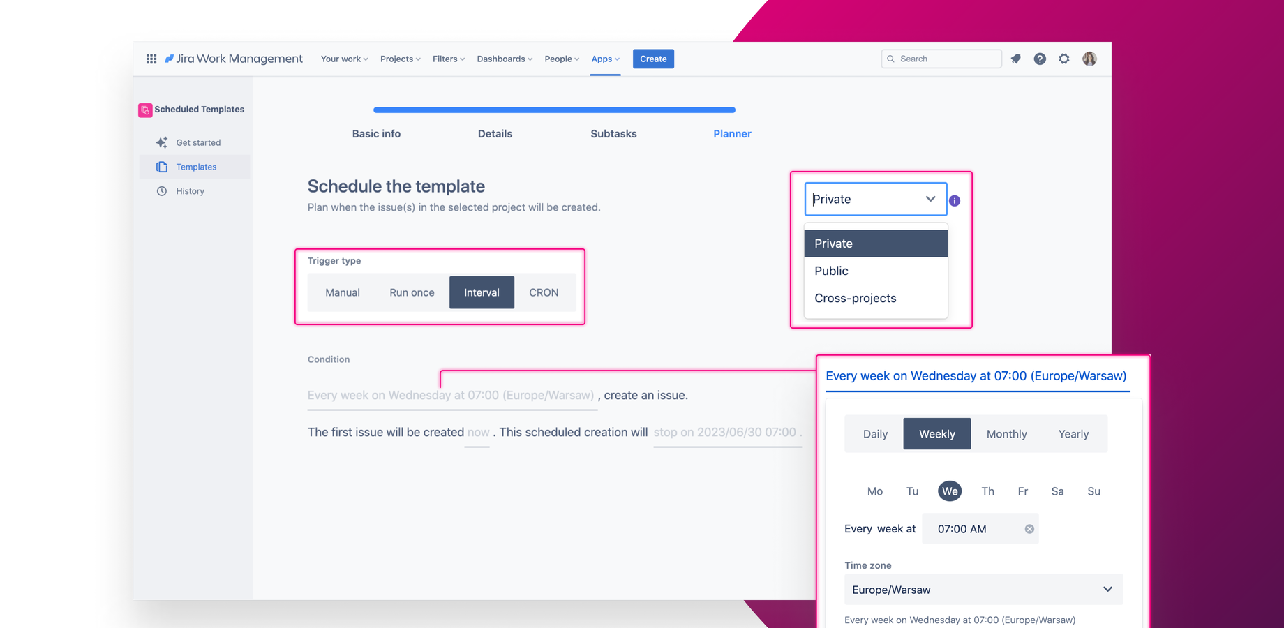 Create recurring tasks with subtasks in a smart way. Assign it to the project – make it private, public or cross-project. CRON format is also supported. Use the scheduler to plan issues in advance.