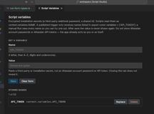 The Script Variables screen: name and value fields, and the list of stored names.