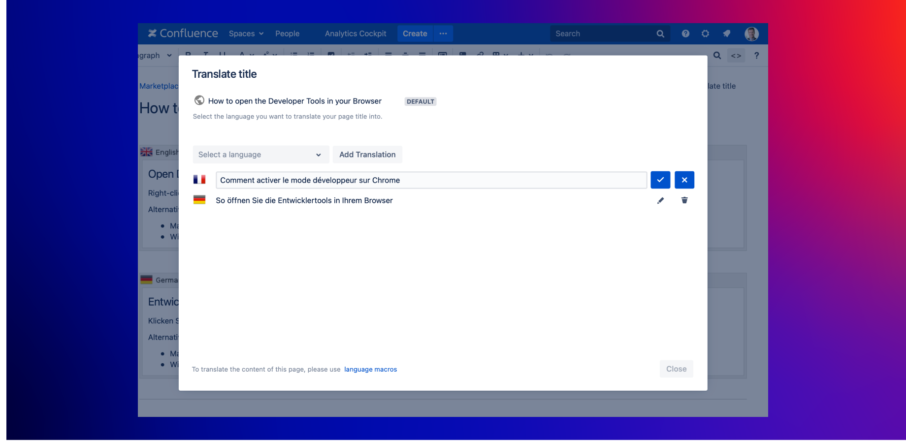 Translate your page's title into various languages directly in the editor.